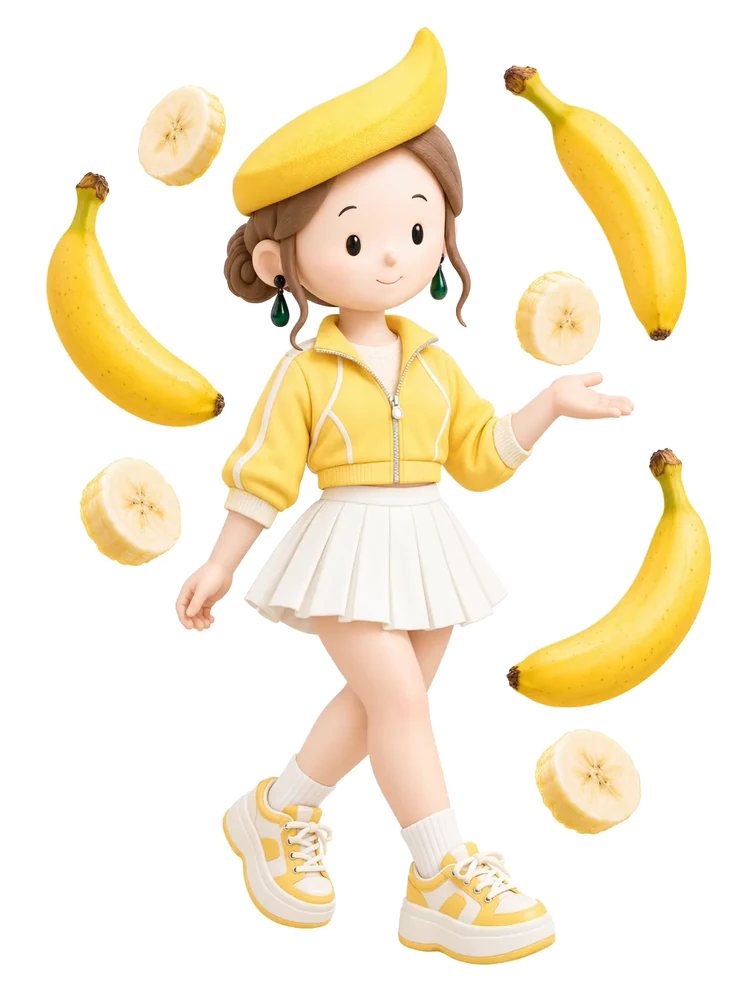 バナナの帽子と黄色いジャケット、白いプリーツスカートに、黄色いスニーカーを合わせたdoちゃん