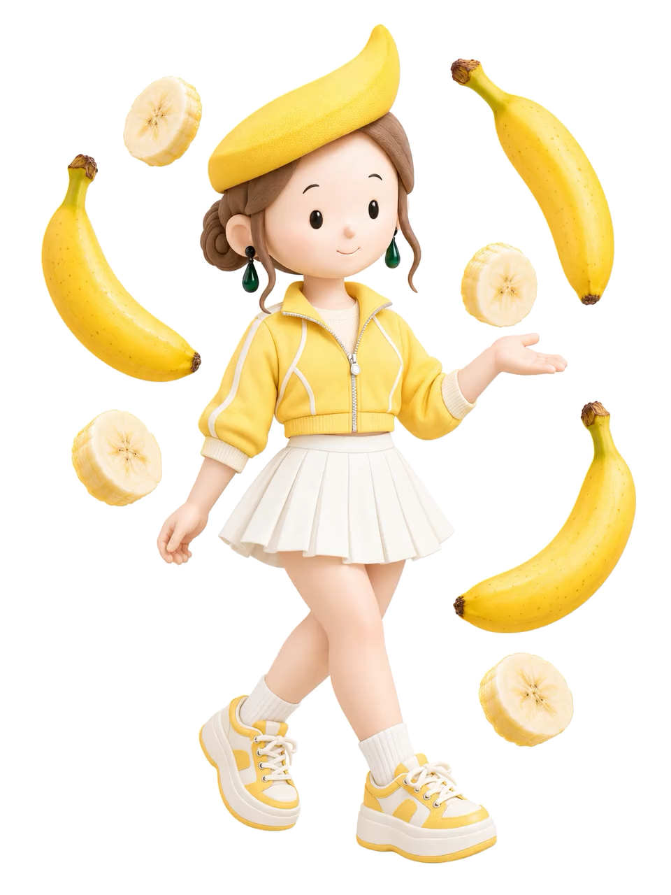 バナナの帽子と黄色いジャケット、白いプリーツスカートに、黄色いスニーカーを合わせたdoちゃん