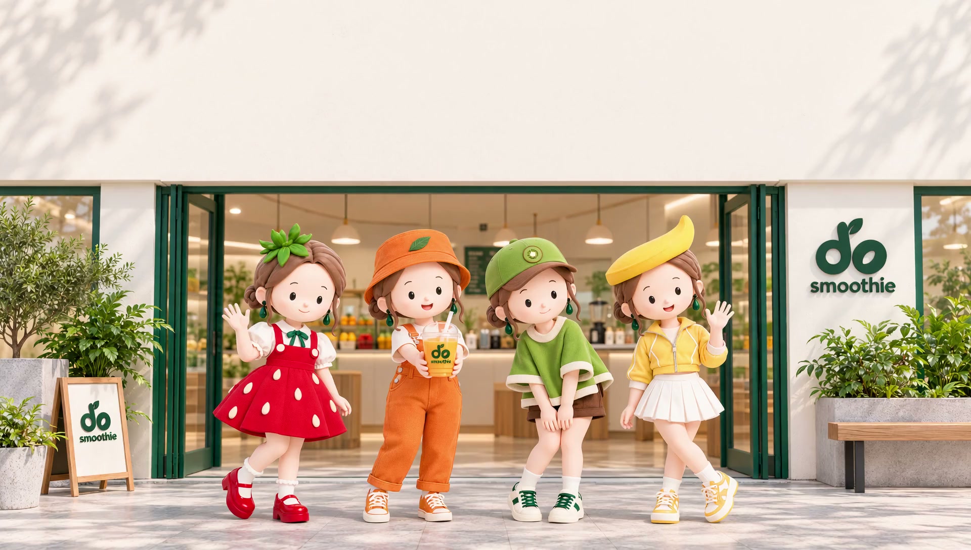 ストロベリー、マンゴー、キウイ、バナナのdoちゃん4人が、お店の入口で手を振って迎えています