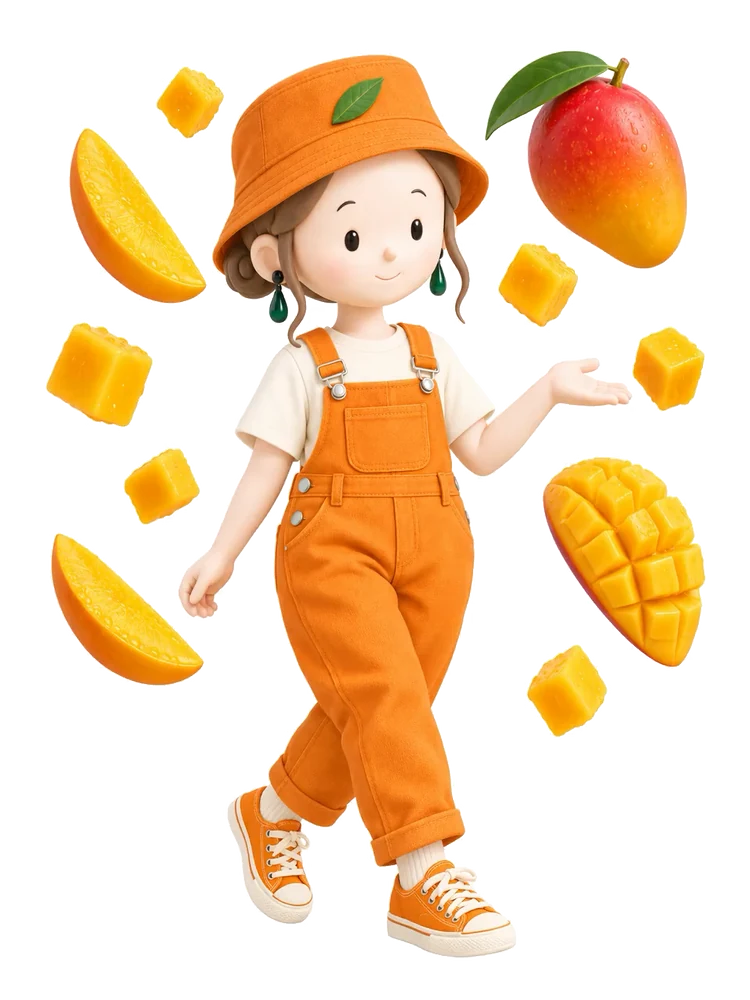 バケットハットとオレンジのオーバーオールに、スニーカーを合わせたdoちゃん