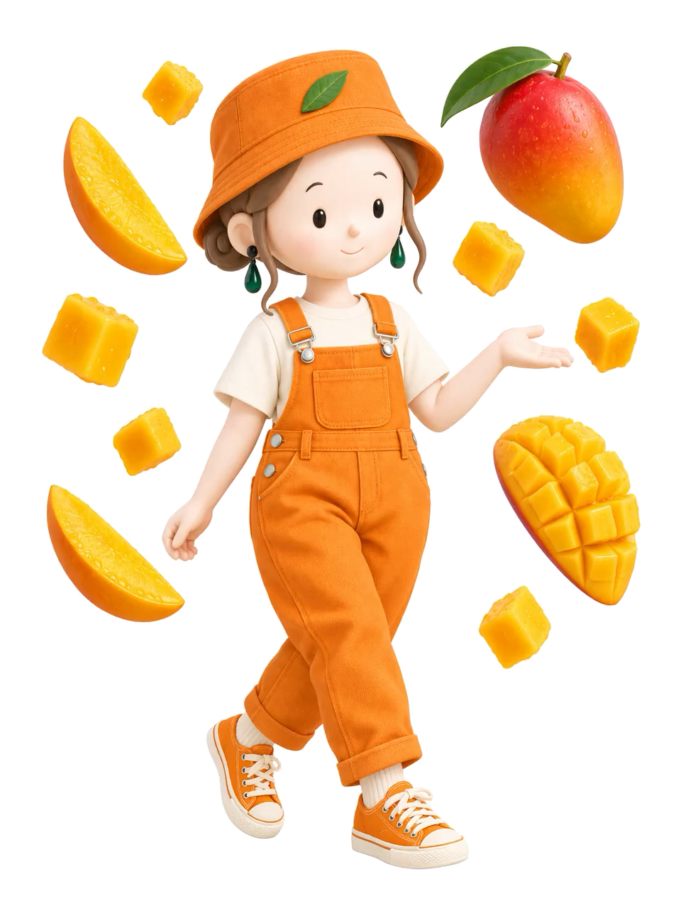 バケットハットとオレンジのオーバーオールに、スニーカーを合わせたdoちゃん