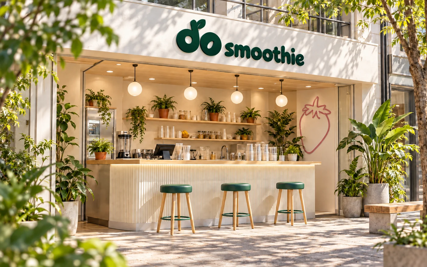 アイボリーと深緑を使ったdo smoothieの店舗イメージ