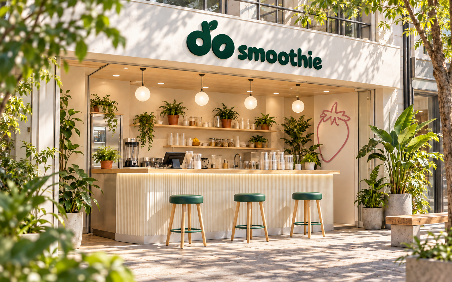 アイボリーと深緑を使ったdo smoothieの店舗イメージ